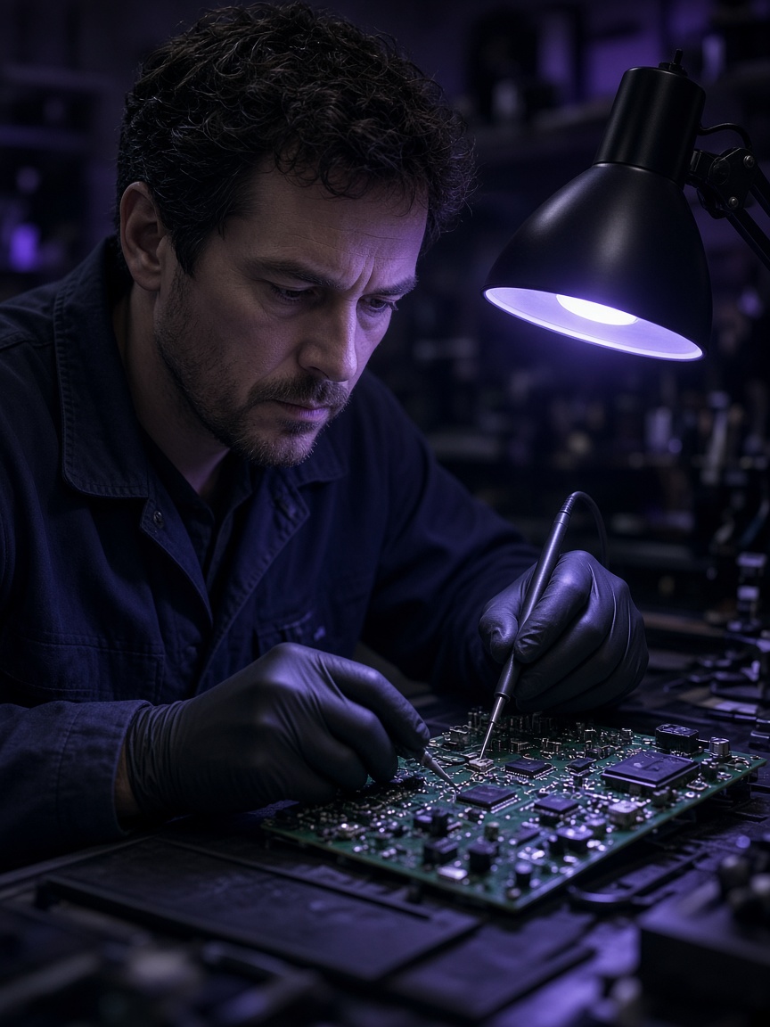 Engineer repairing electronics on site